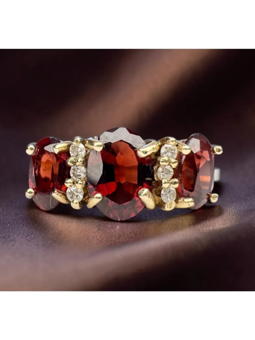 10K Gold Natural Indian Garnet & Diamond Ring 2cttw Three Stone Ring Size 4.5